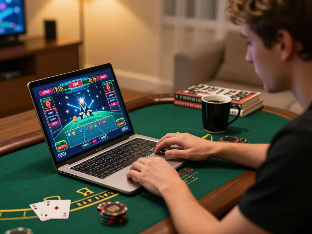 Player engaging in live dealer blackjack at home with sc88 gaming interface on laptop