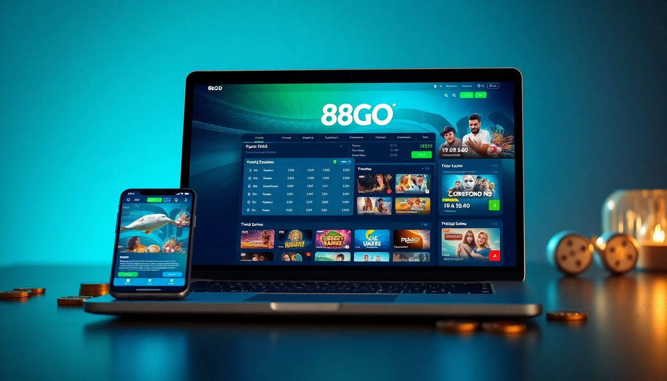 88GO online gaming platform interface with sports betting and casino games displayed on a laptop and smartphone.