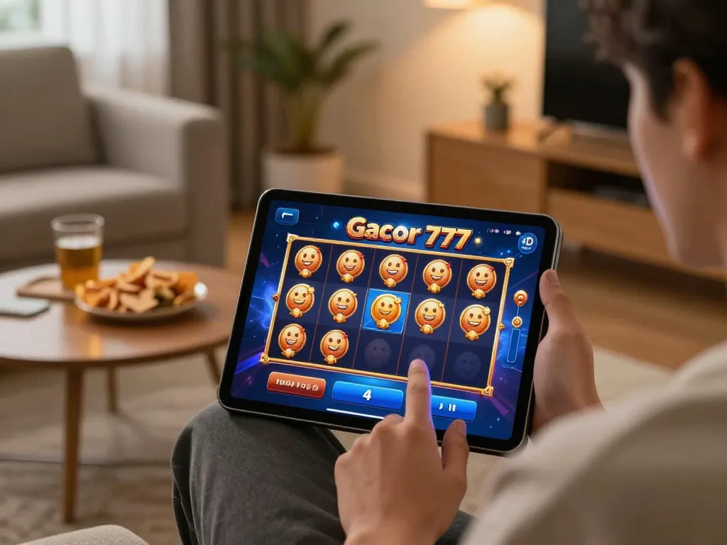 Player enjoying slot gacor 777 on a tablet, cozy home atmosphere with warm lighting.