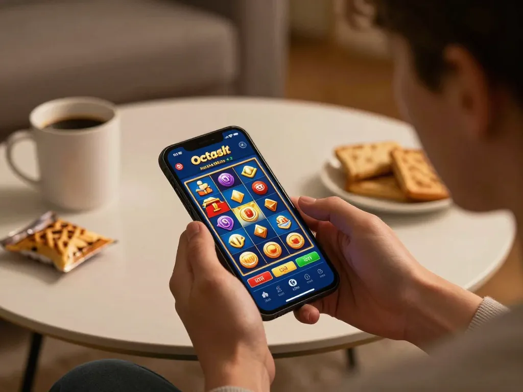 Engaging octaslot gameplay on mobile app, showcasing vibrant slots interface in cozy setting.