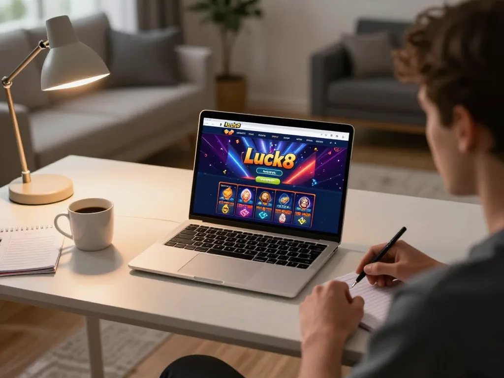Player enjoying online gaming at Luck8 trang chủ with engaging casino interface, warm home ambiance.