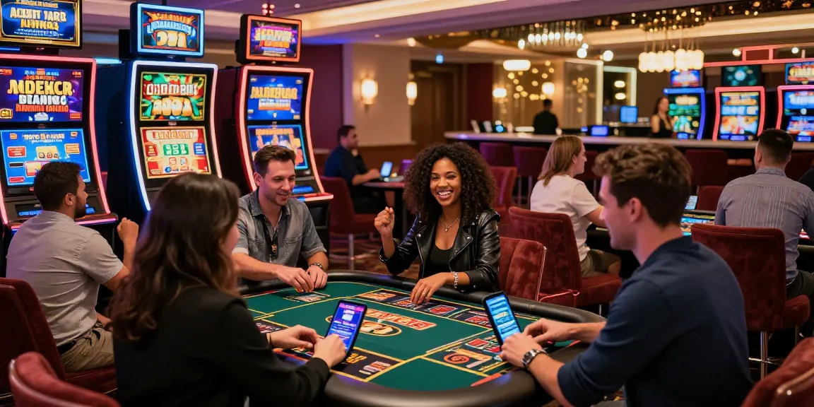 Players enjoying vibrant credit card casinos, celebrating wins in a lively online gaming environment.