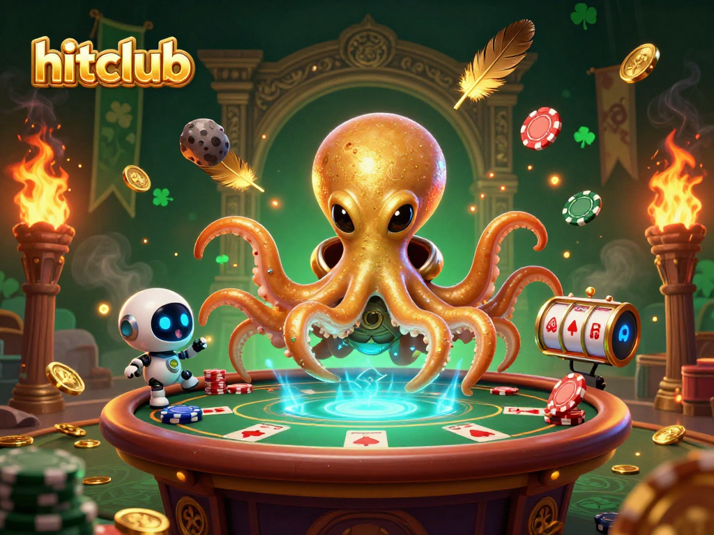 Engage with hitclub in a vibrant 3D casino scene of an alien octopus at a floating poker table.