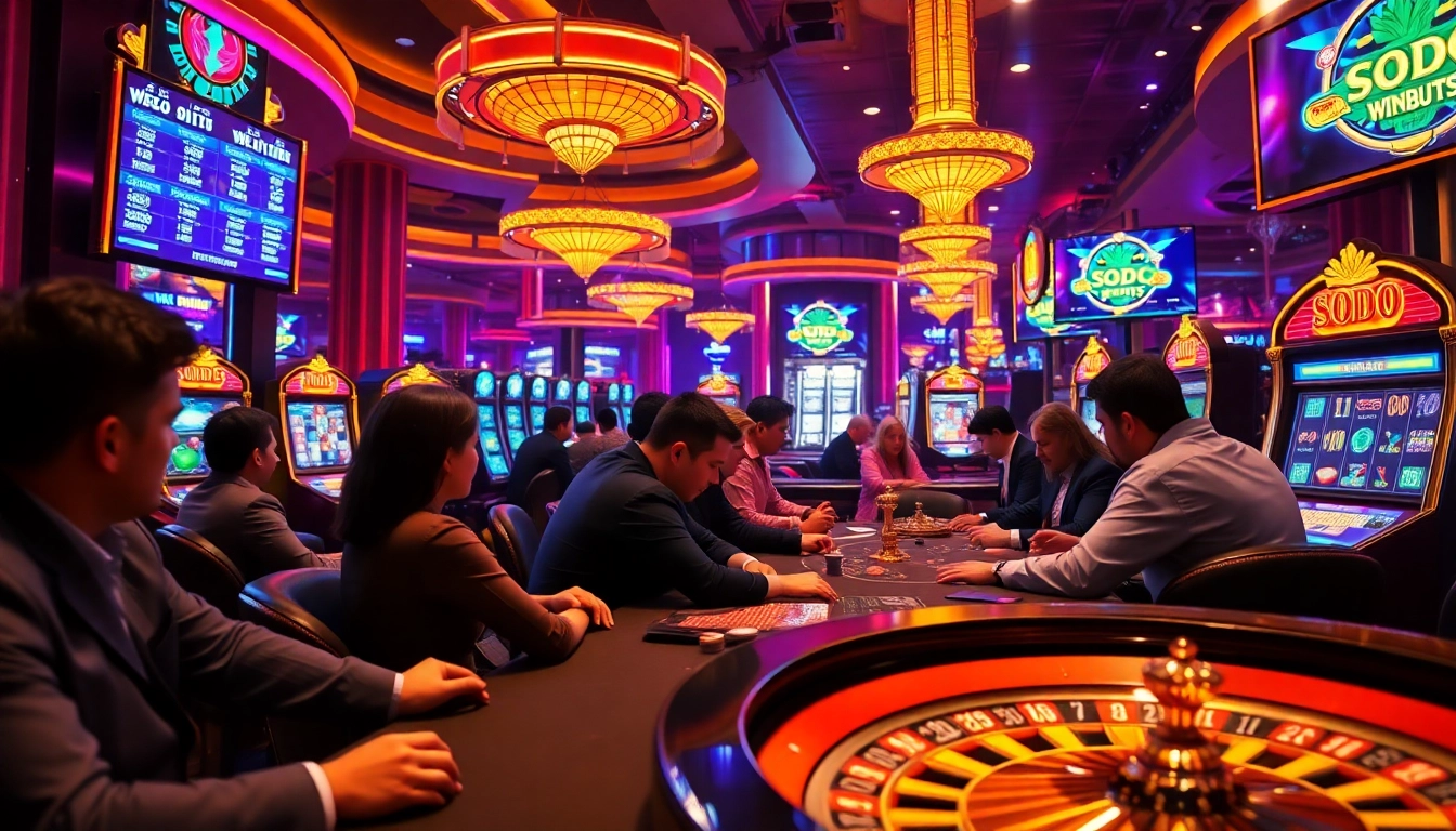 Experience the thrill of SODO Casino with lively gamblers at a vibrant game table.