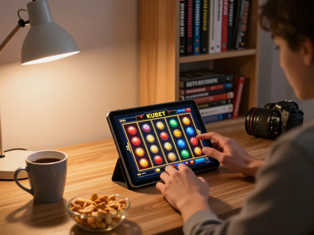 KUBET gaming session at home with a player enjoying an engaging slot game on a tablet, surrounded by cozy decor.