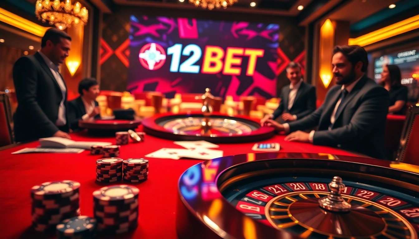 Experience the thrill of winning at 12BET with luxurious casino tables and vibrant gambling action.
