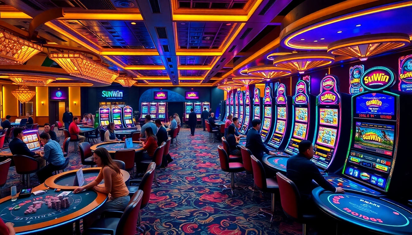 Experience the excitement of gambling at Sunwin's vibrant casino with engaging tables and slot machines.