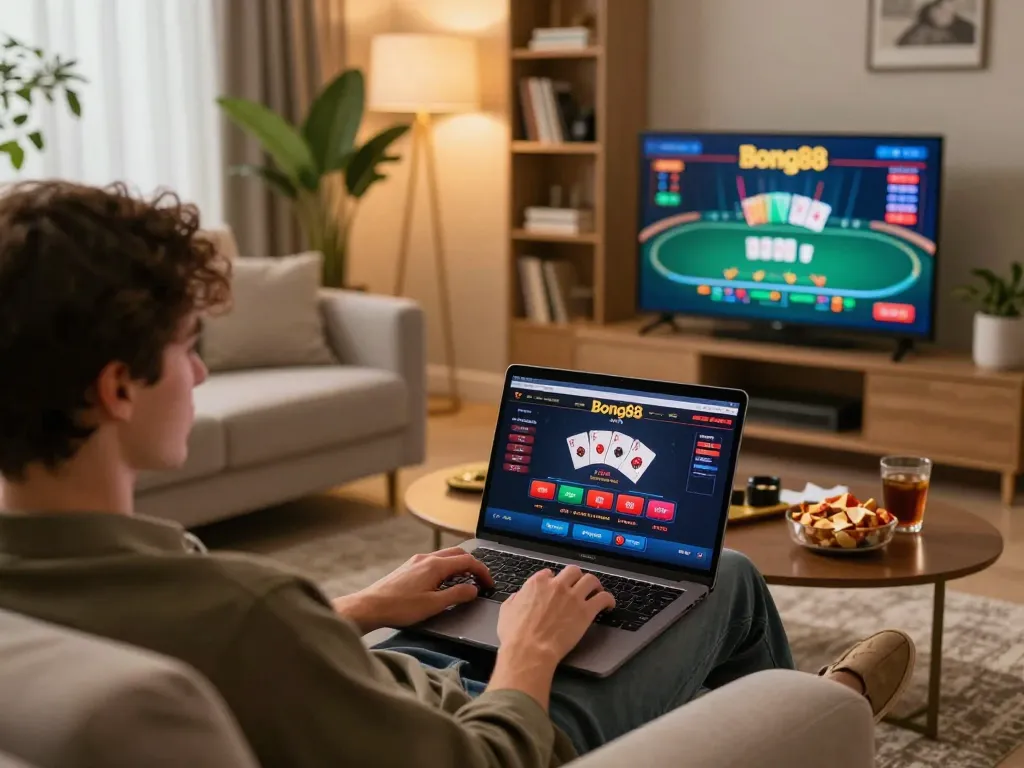 Bong88 online casino gameplay on laptop with cozy home atmosphere, promoting responsible gambling.