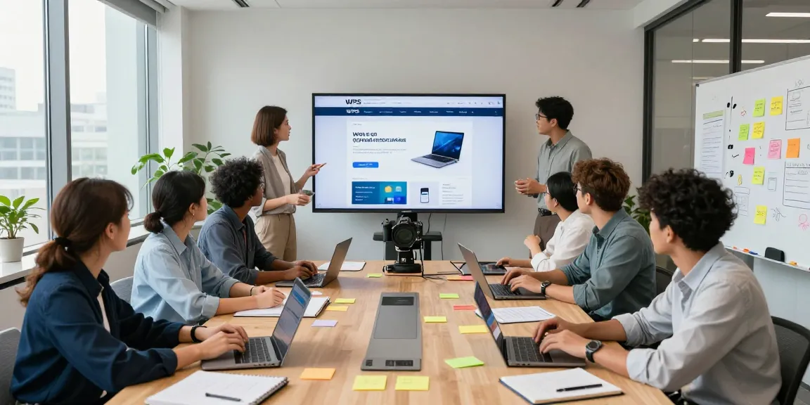 Collaborative team meeting discussing features of the WPS Official Website in a modern office setting.