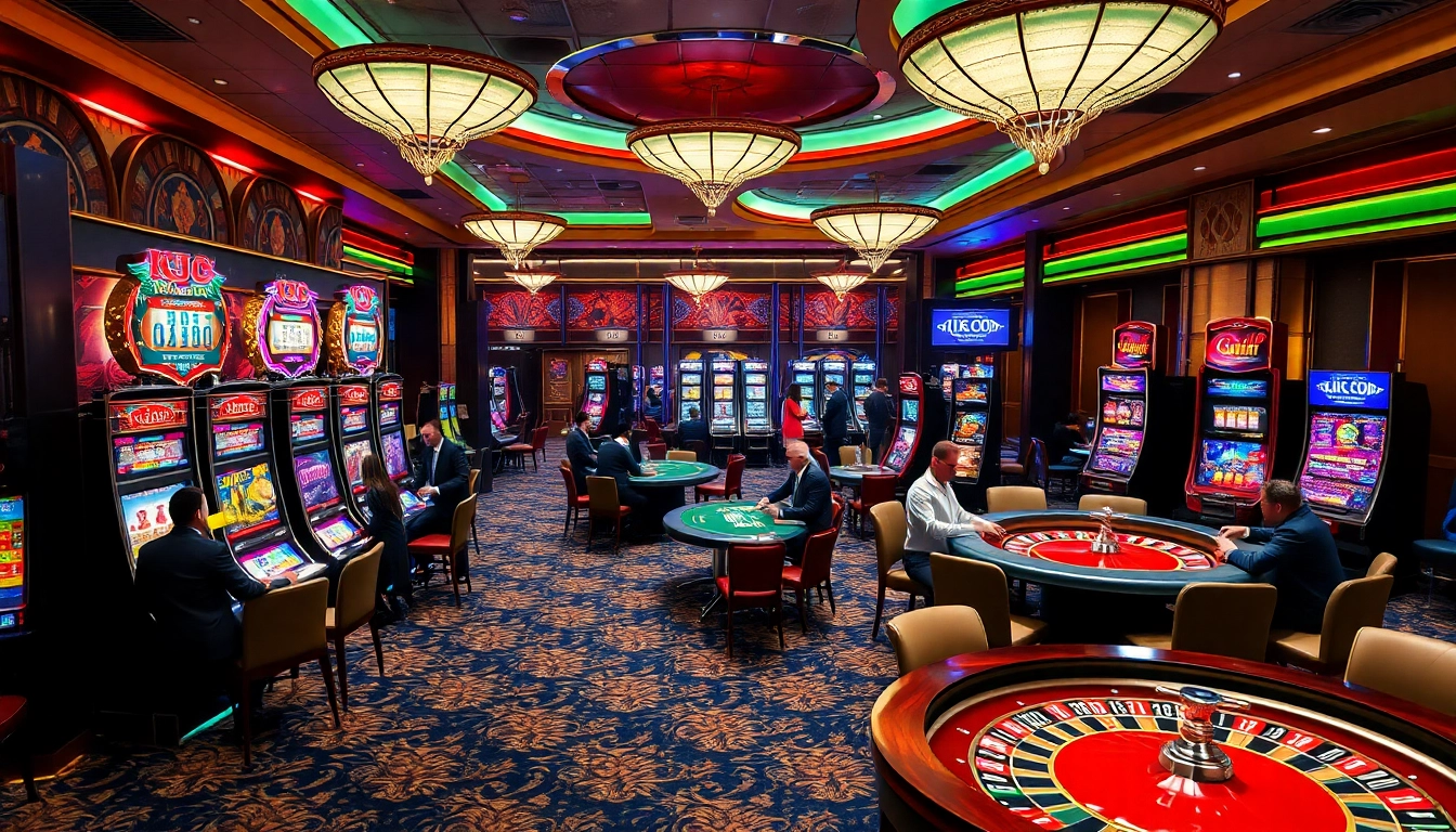 A dynamic gaming floor at KJC US COM, showcasing engaging poker tables and luxurious slot machines.