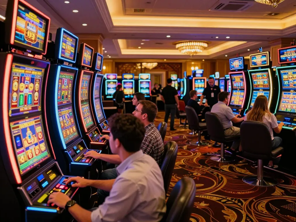 Players engaging with vibrant slot machines at gincal casino, showcasing excitement and potential wins.