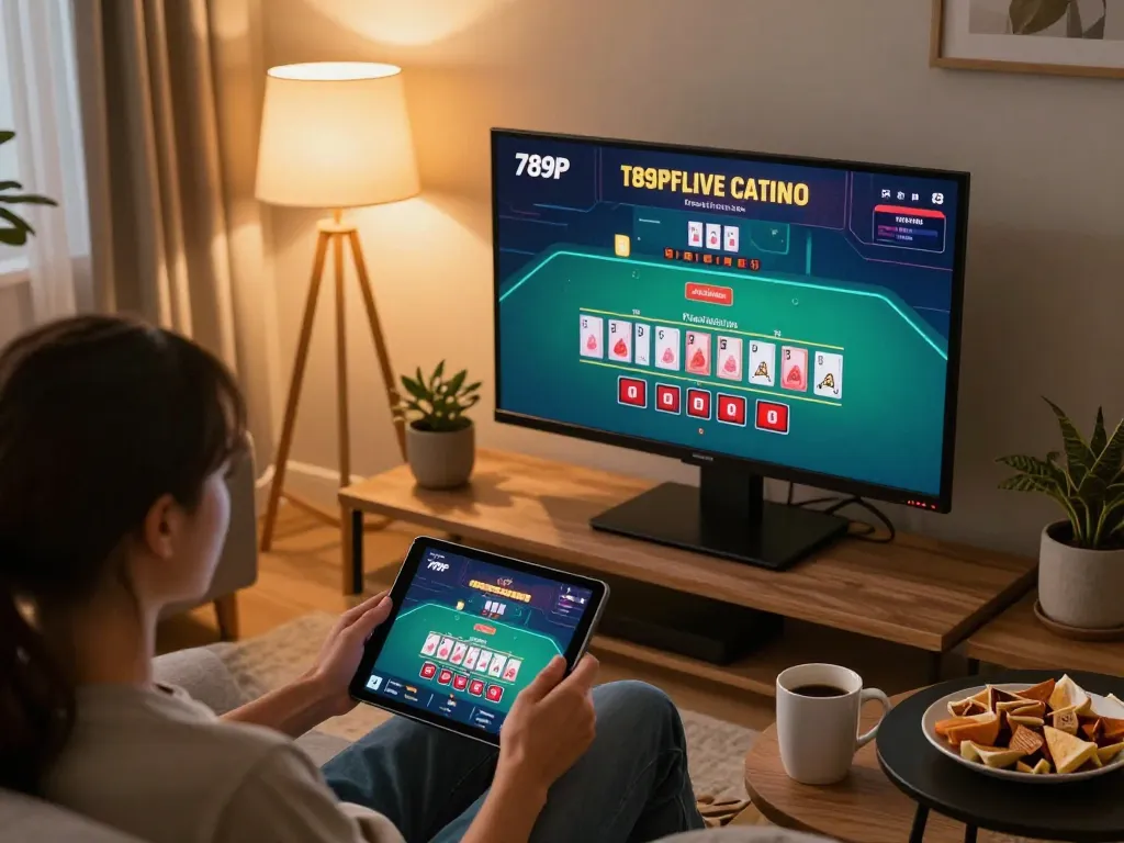 Player engaged in live dealer game on 789P app in a cozy home setting, emphasizing responsible gaming