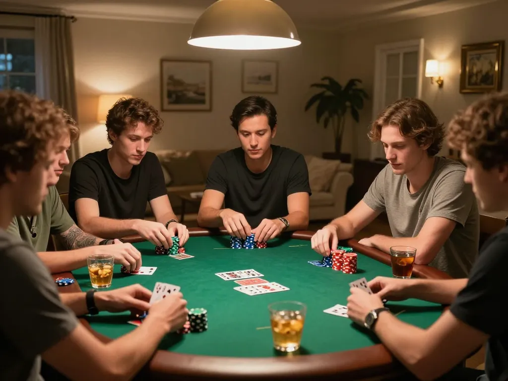 Pemain menikmati permainan poker strategis di rumah, menunjukkan semangat komunitas vt789 dan gameplay yang menarik.