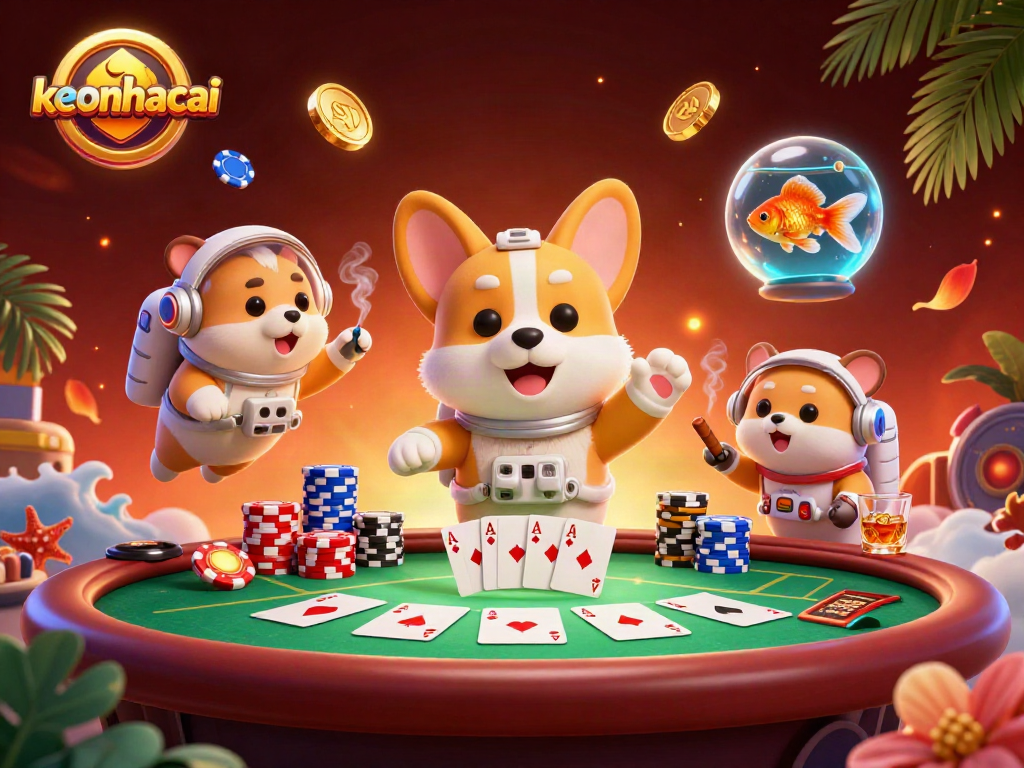 Engage with keonhacai's vibrant casino scene featuring floating poker chips and an astronaut corgi.
