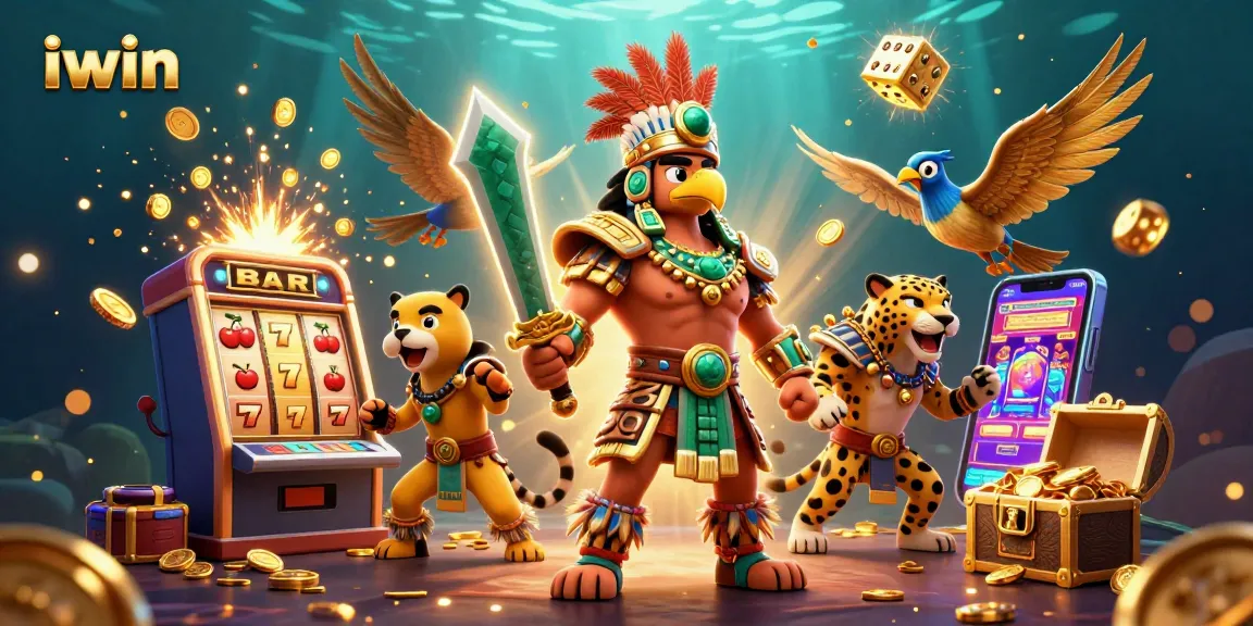Win at iwin with a vibrant casino scene featuring Aztec warriors and dynamic game elements.