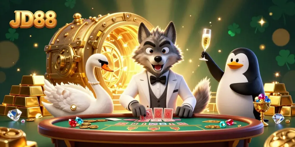 Experience JD88's luxurious casino atmosphere through the debonair wolf and stylish characters at the baccarat table.