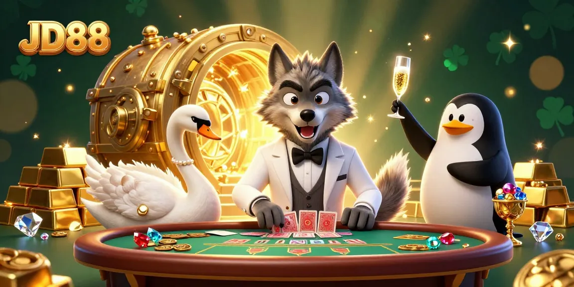 Experience JD88's luxurious casino atmosphere through the debonair wolf and stylish characters at the baccarat table.