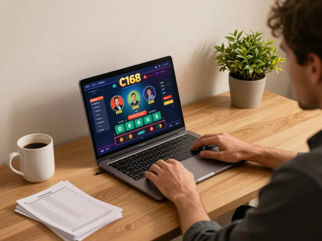 C168 gaming platform displayed on a laptop with a player strategizing bets
