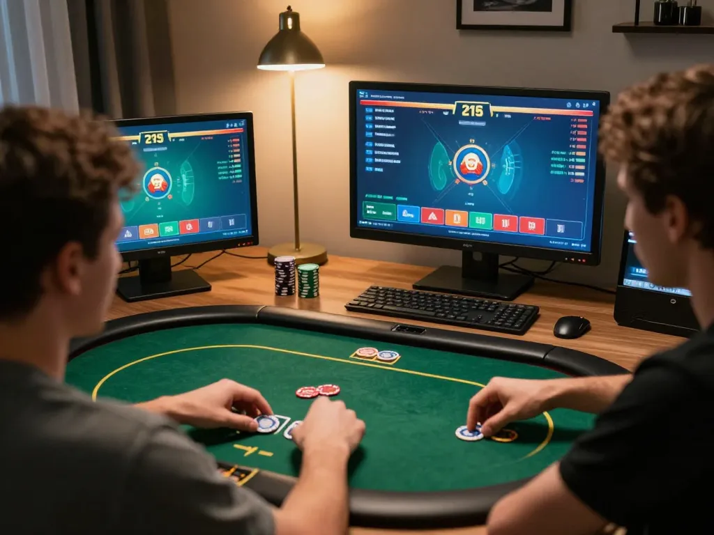 Player strategizing in an online poker game at Nk88 with multiple screens showing options
