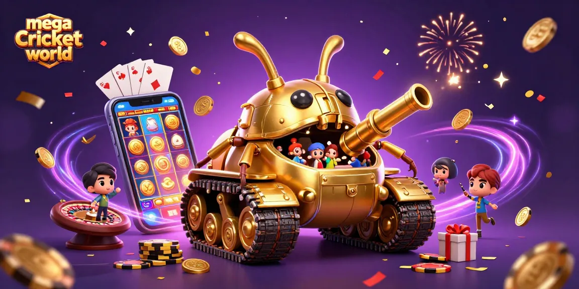 Mega Cricket World showcases a vibrant casino experience with a golden beetle tank and dynamic gaming elements.