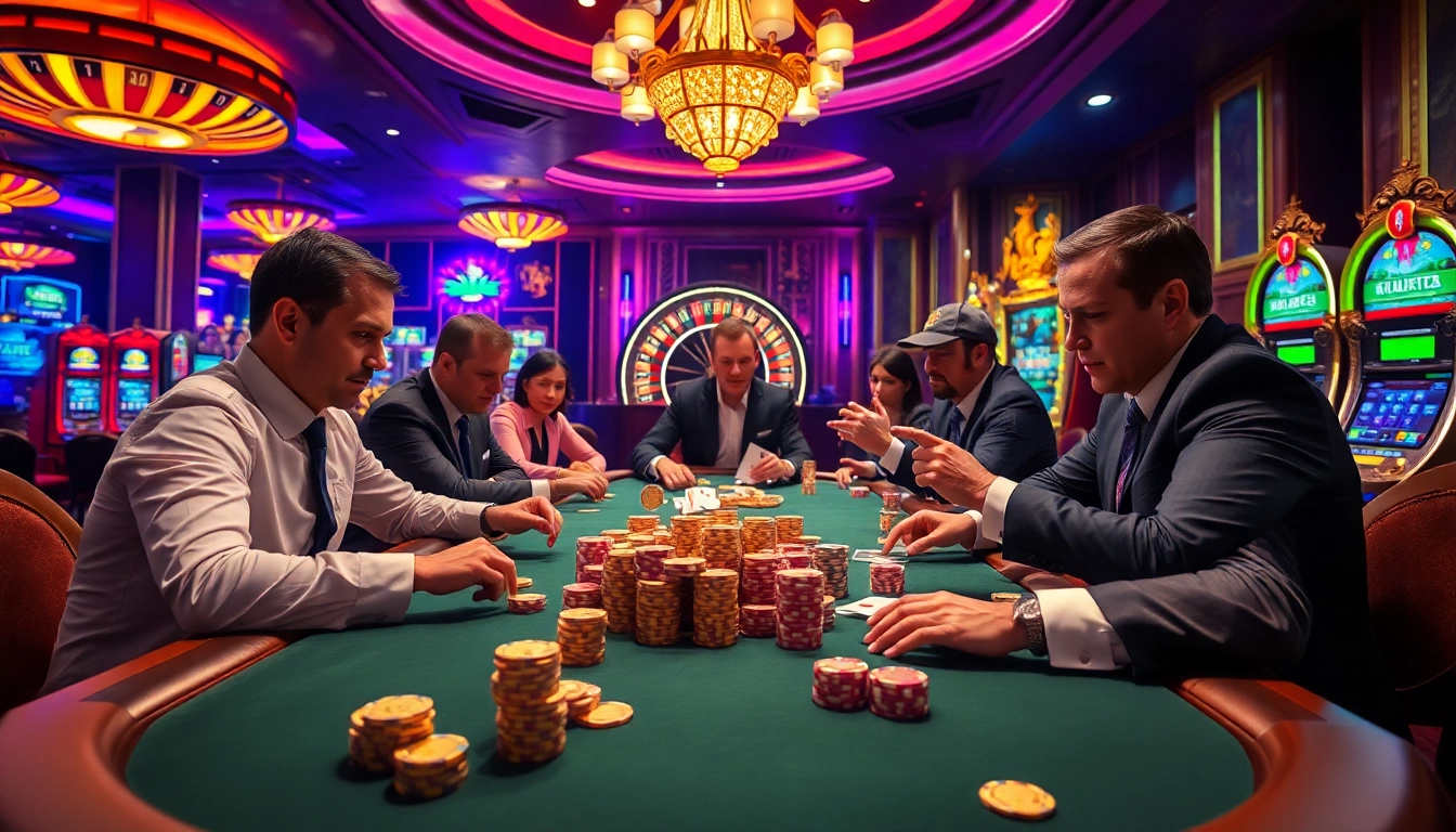 Players engaged in a thrilling poker game at a luxurious casino featuring the platform ok365ok net.