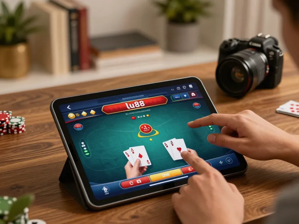 Engaging player making strategic bets in a lu88 game on a tablet.