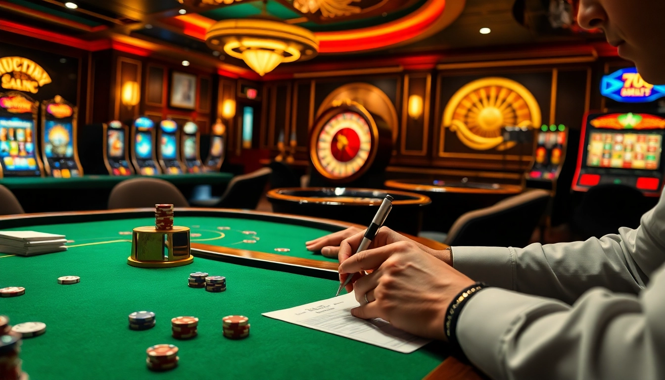 Lô Đề Trực Tuyến - Exciting scene of players engaging at a luxurious casino table with vibrant gaming elements.