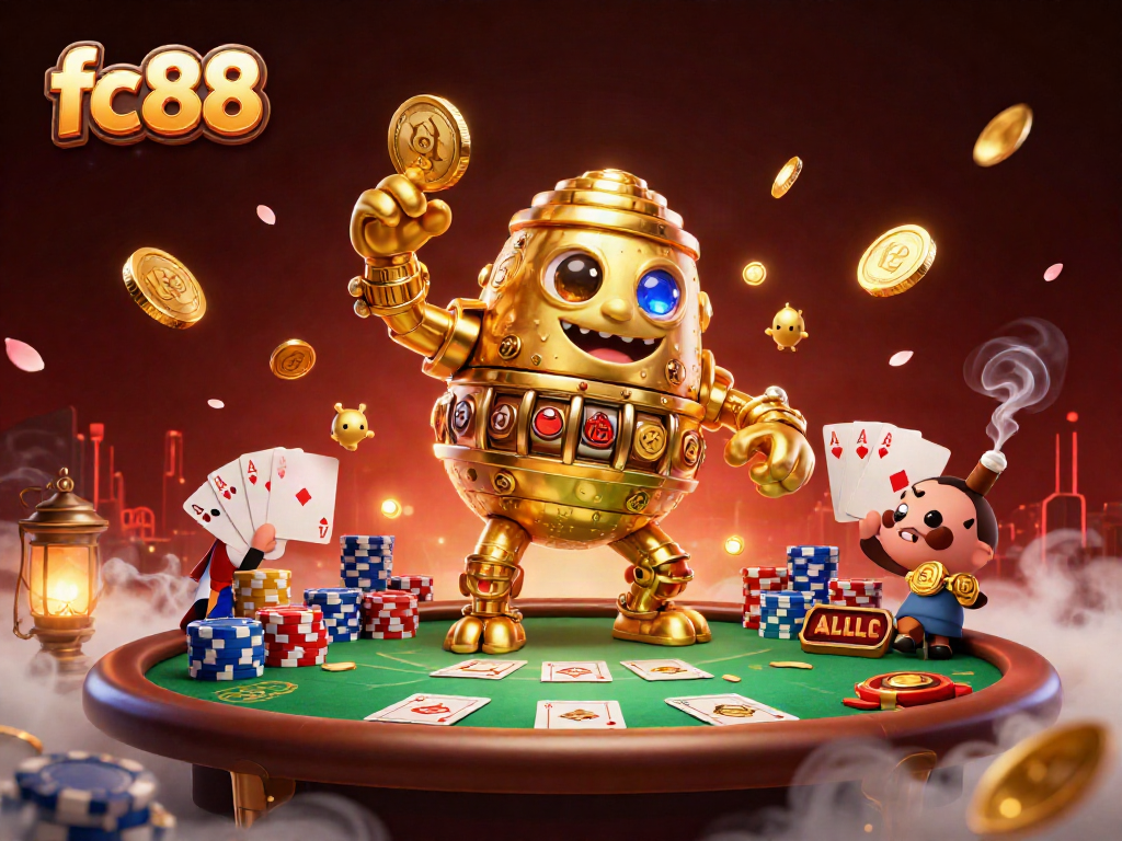 Trải nghiệm những giây phút thú vị với fc88 qua hình ảnh golem tiền vàng và bàn poker.