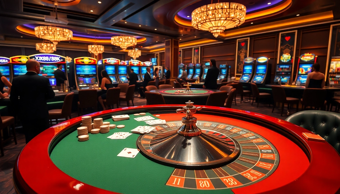 Players enjoying high-stakes gaming at a luxurious casino with XX88 58K offers in view.
