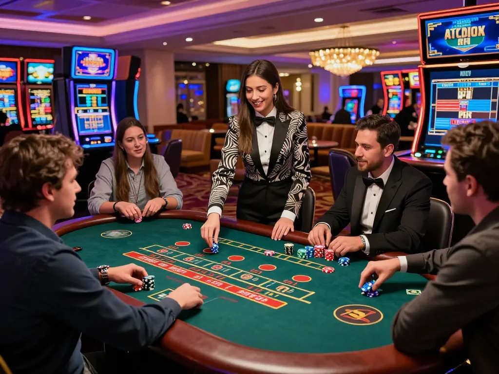 Alev casino 804 gaming scene with players at live blackjack and roulette tables in a vibrant, luxurious casino atmosphere
