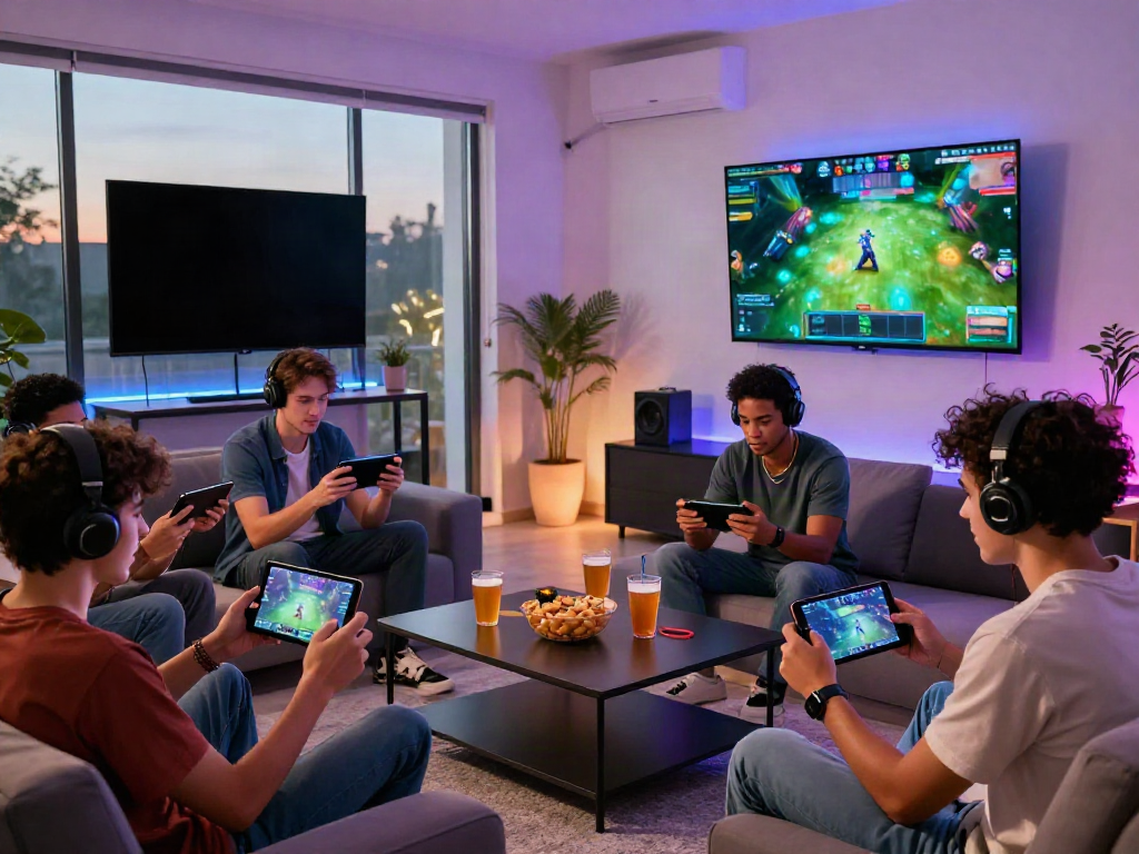 Friends enjoying ORION88 on Android devices in a lively gaming environment