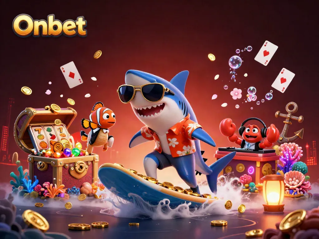 Onbet's 3D cartoon characters surf through a treasure of gold coins in a vibrant casino atmosphere.