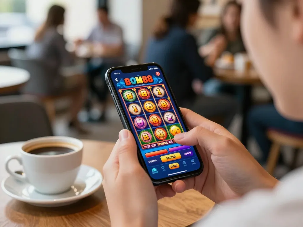 Pengguna Pupisgames menikmati permainan mobile yang cepat di aplikasi BOM88 di kafe.