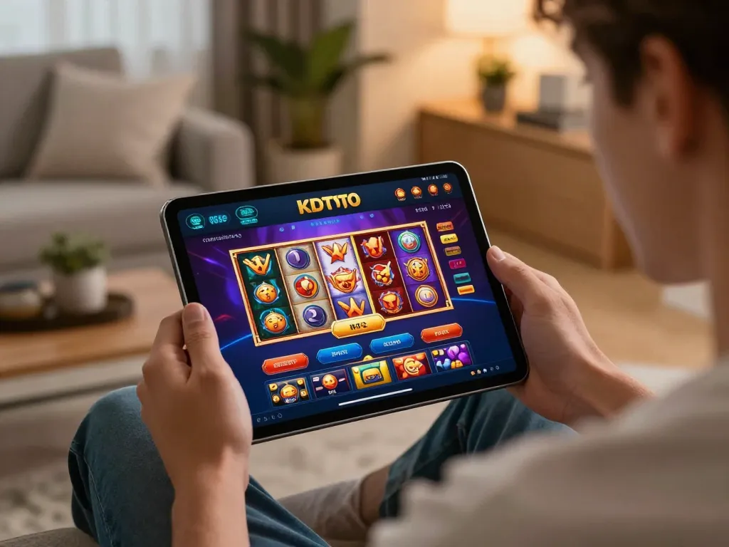 Engaging with KDTOTO online slot games on a tablet in a cozy gaming setup