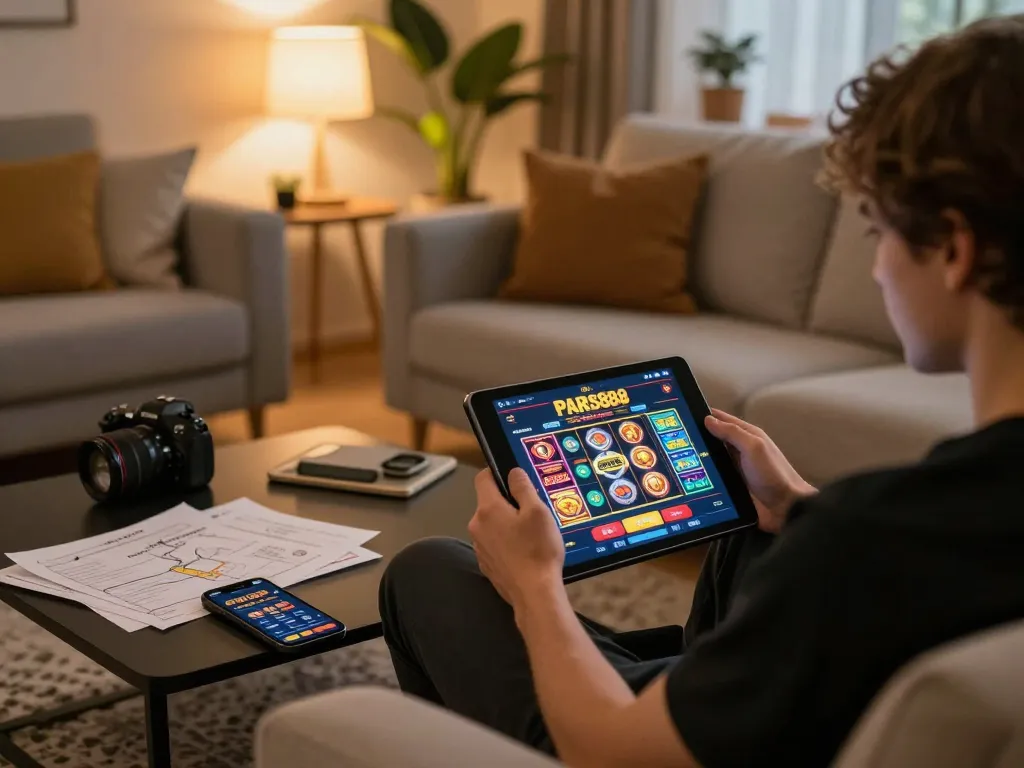 Engaged player exploring Paris888 slot games on a tablet, showcasing an inviting home gaming atmosphere