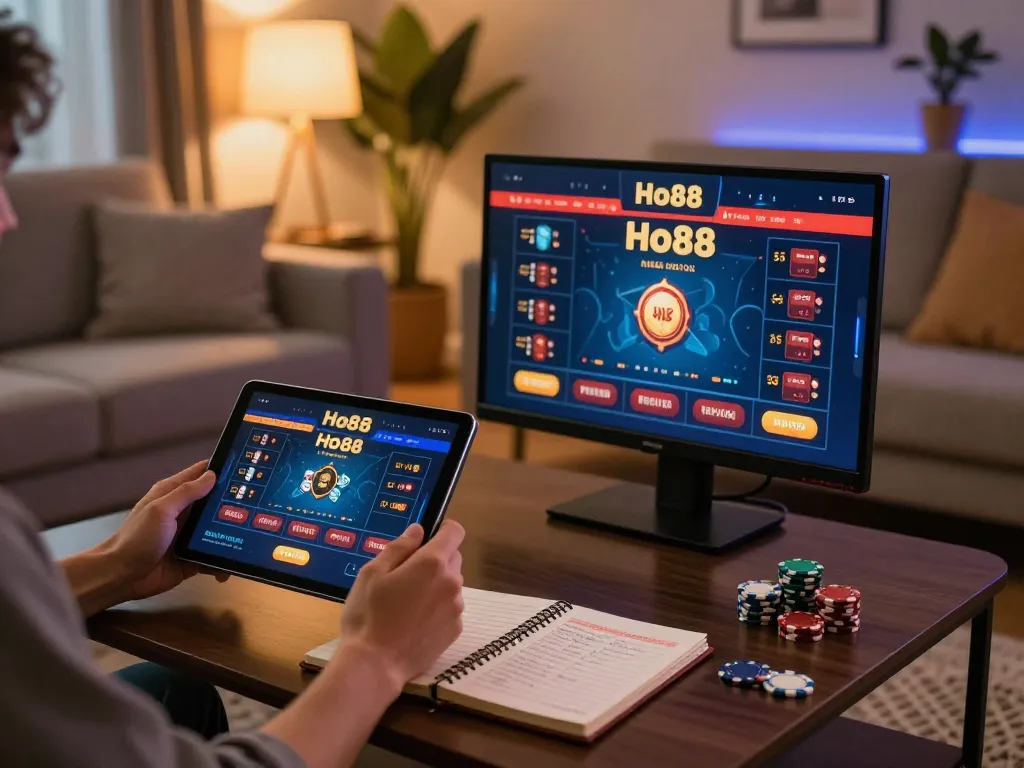 Engaging with Ho88 online gaming platform on a tablet in a cozy home setup.