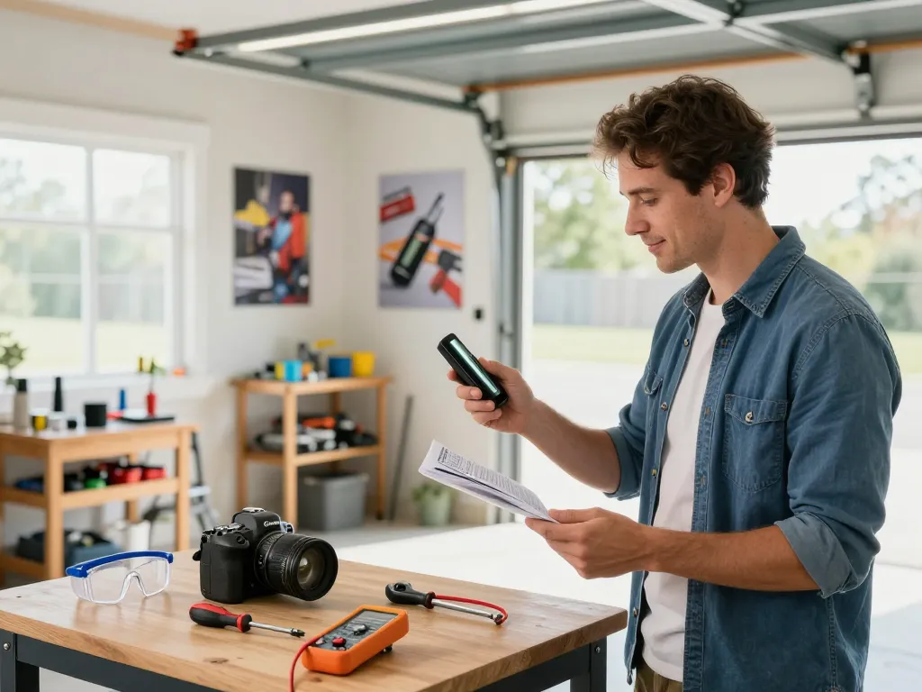 Pemilik rumah menjelajahi cadangan baterai pembuka pintu garasi di ruang kerja yang terang sambil mempertimbangkan solusi hotplay99.