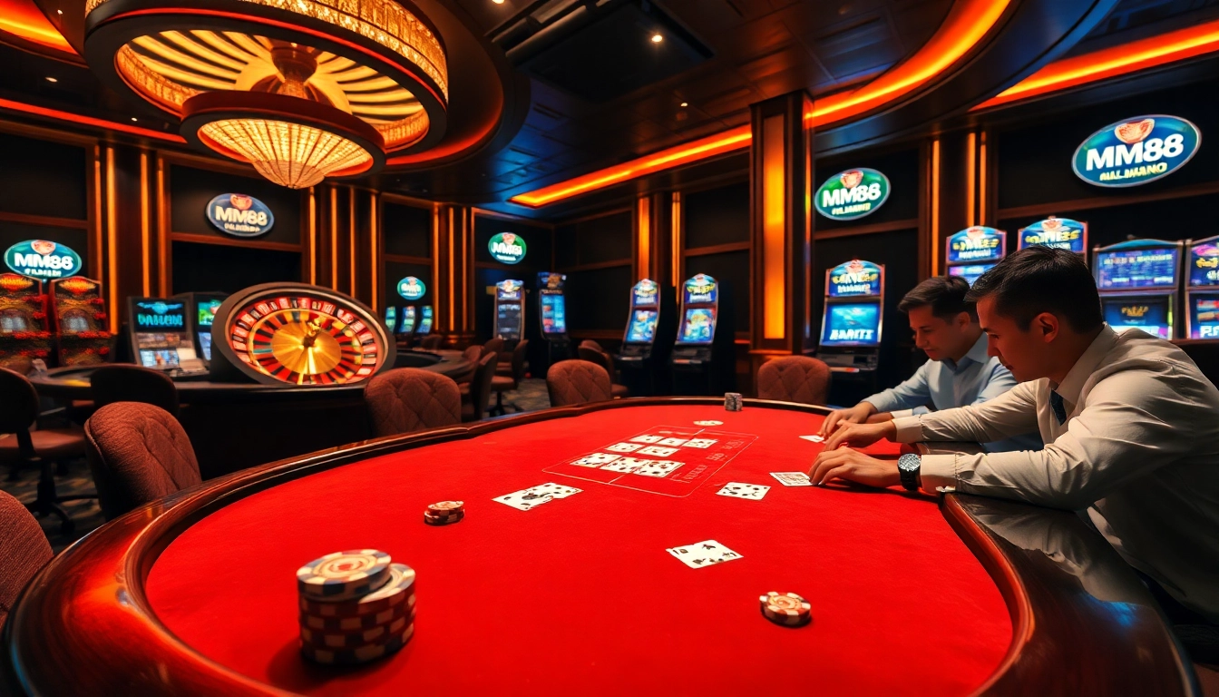 MM88 players strategizing in an upscale casino poker game environment.