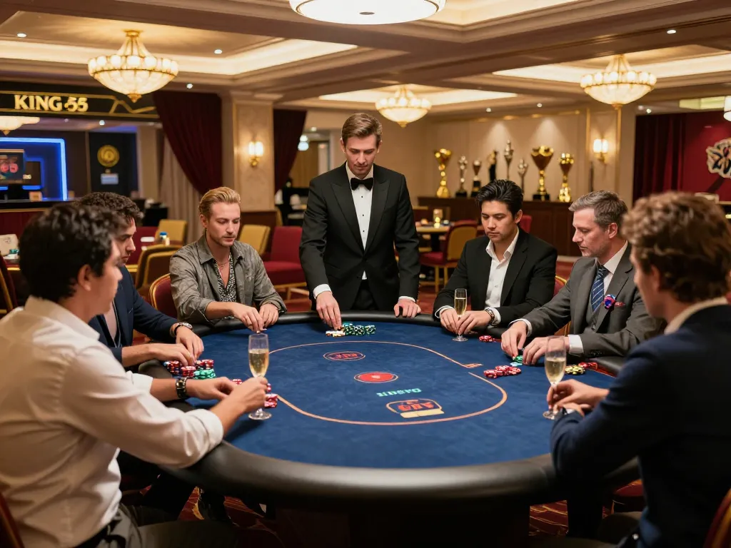 Permainan poker yang menarik di area VIP KING55, menampilkan pemain yang terlibat dan dealer profesional yang mengelola permainan.