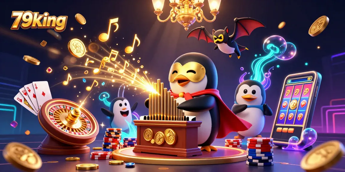 Experience the thrill of 79king with an exciting scene of a penguin playing a golden pipe organ amidst casino elements.