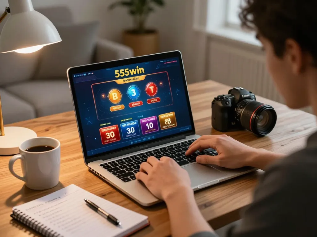 Player exploring 555win online casino games at home, focusing on strategies with notebook