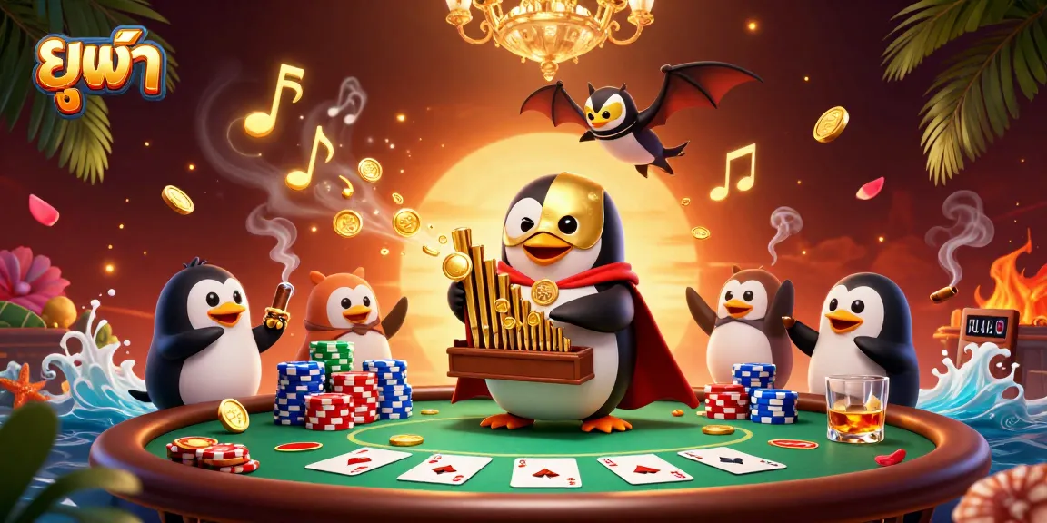Engage in lively gaming action with ยูฟ้า, a vibrant casino scene featuring a phantom opera penguin and acrobat.