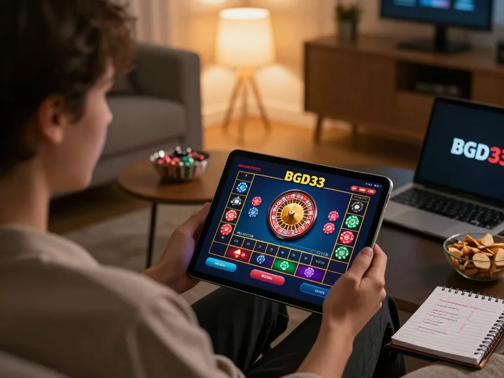 Play BGD33 online casino from home, showing tablet with roulette and betting strategies