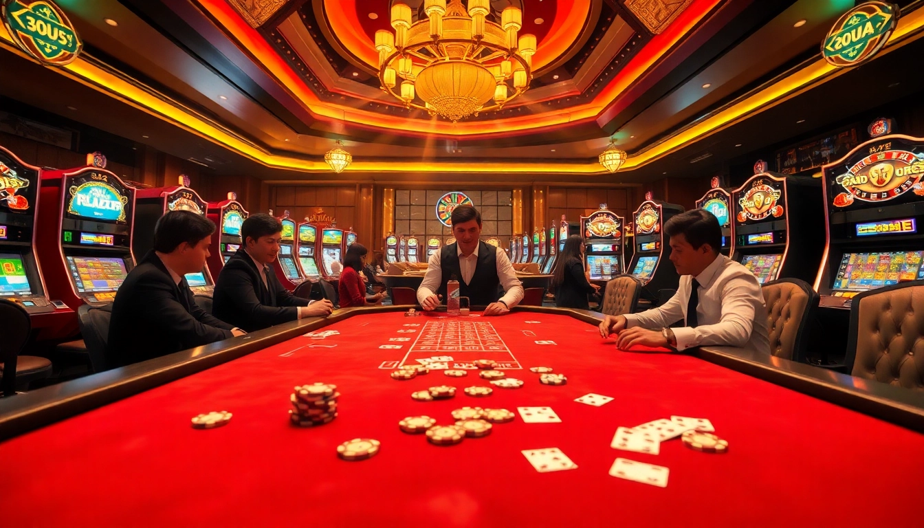 Raja Luck casino scene showcasing high-stakes poker and vibrant slot machines.