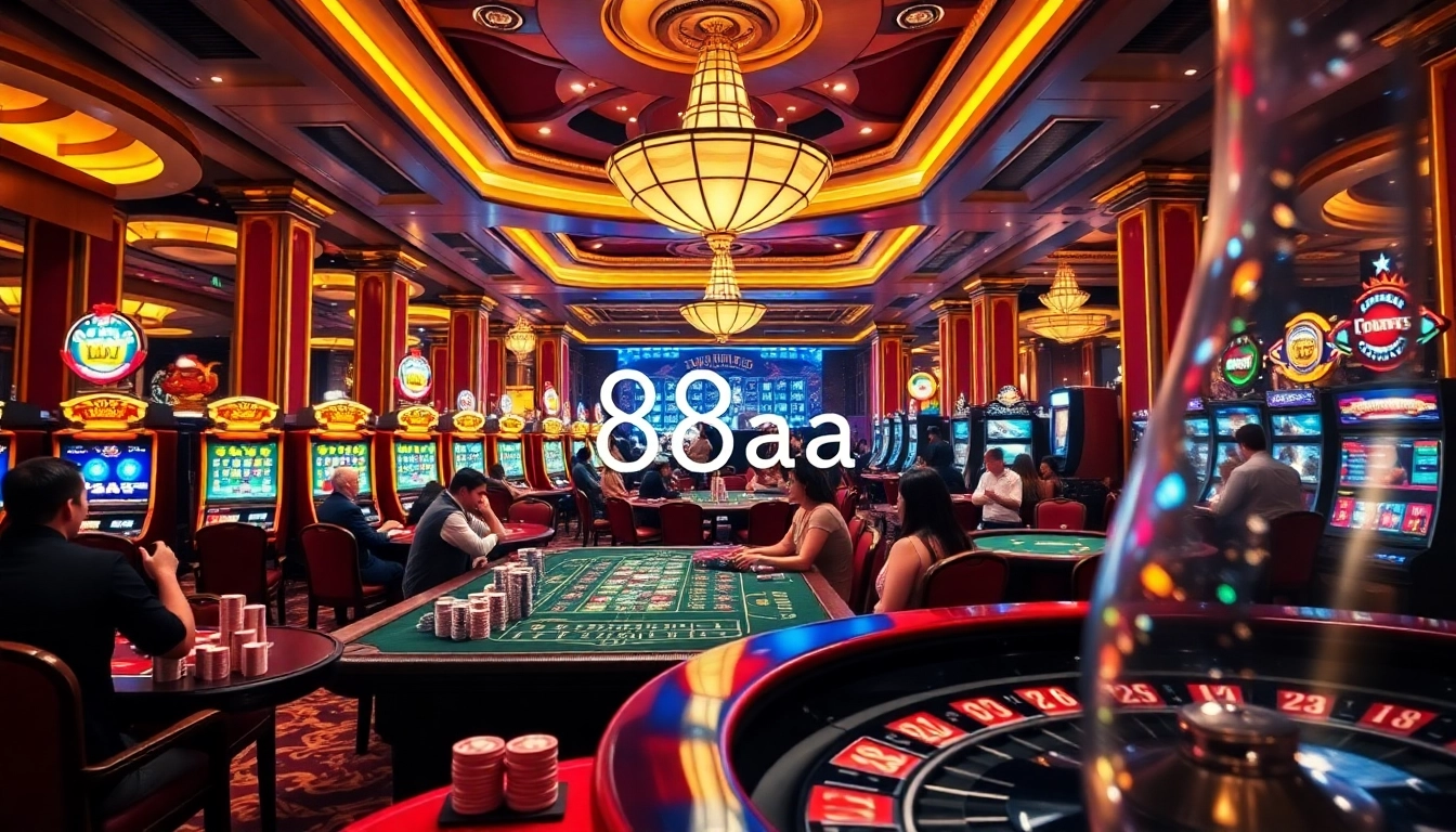 Excited players engaging with poker chips and cards at an elegant casino featuring 88aa branding.