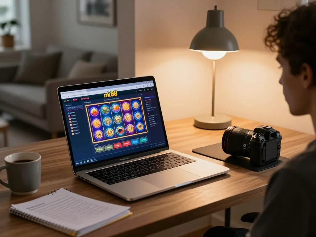 Engaging with the nk88 online casino app on a stylish laptop in a modern home office.