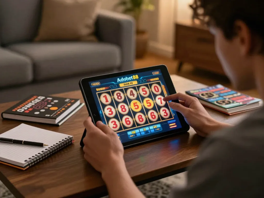 Engaging with adobet88 slot features on a tablet, showcasing online gaming strategies in a comfortable home setting.