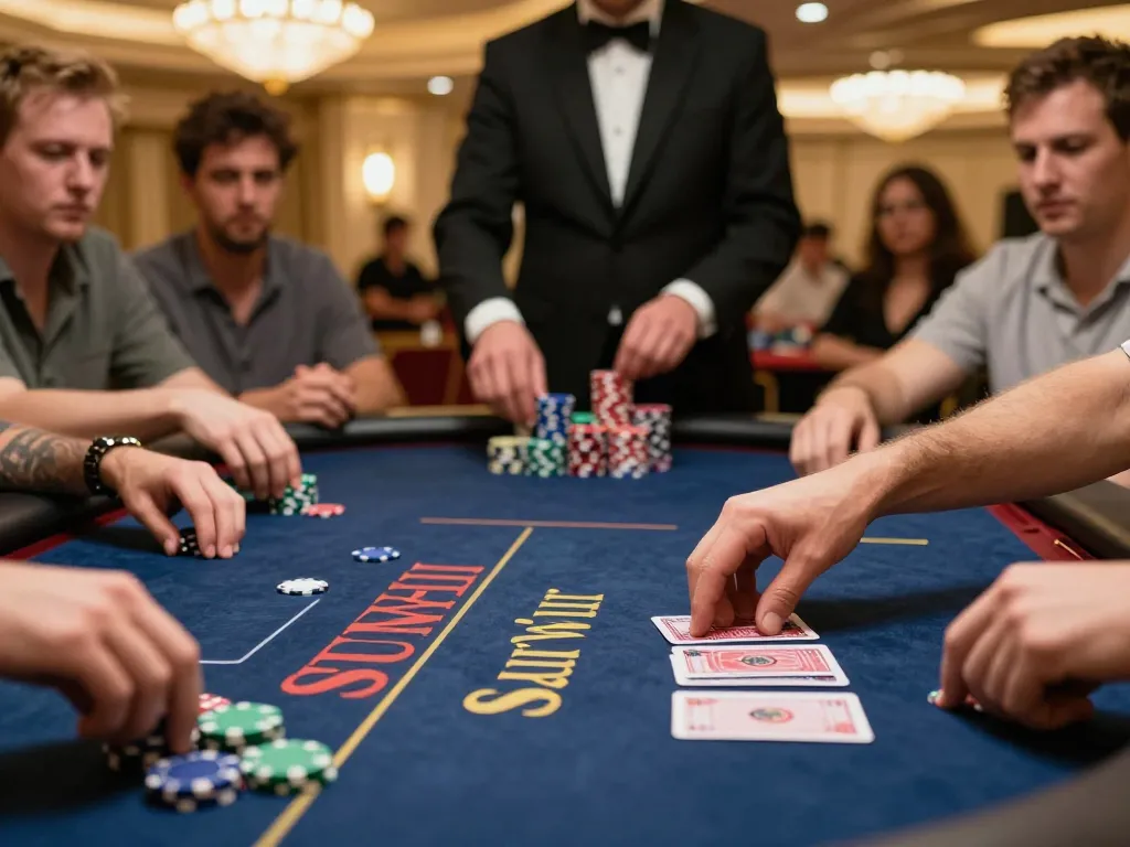 Sunwin player engaging intensely while placing chips at a vibrant poker table, showcasing competitive gambling environment