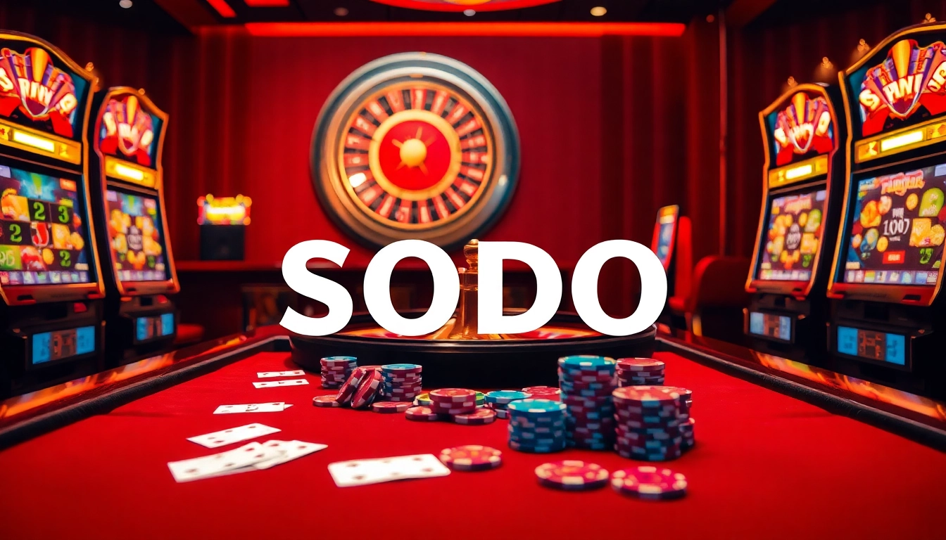 Exciting SODO casino scene with vibrant gambling table, roulette wheel, and slot machines.