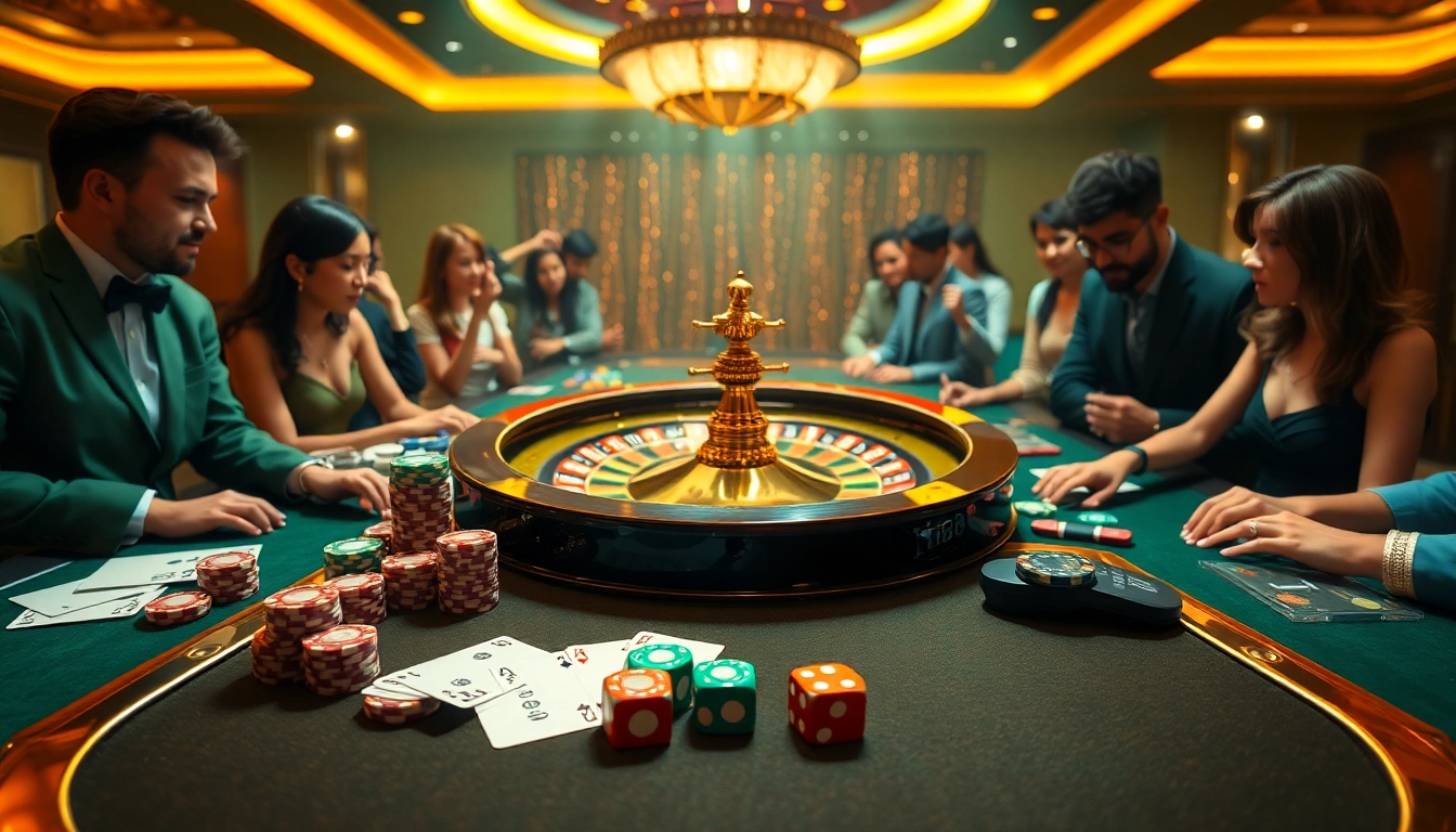 Players enjoying thrilling games at Hi88's vibrant casino, featuring cards, chips, and roulette.